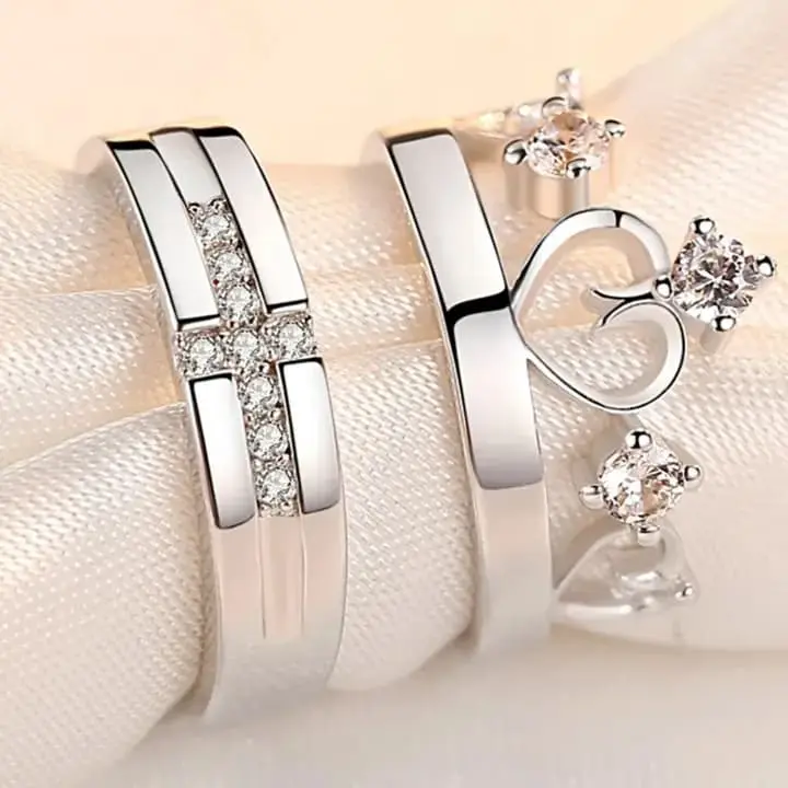 Free Size Crown Design Couple Rings With White Stones 