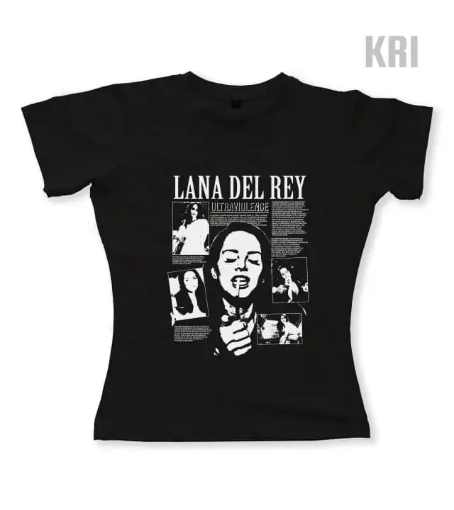 Crew Neck Ladies Slim Fit Lana Del Rey Printed Half Sleeve Crop Baby Tee in Black Color