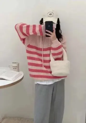 Stripe Woolen Sweater Hoodie For Women 