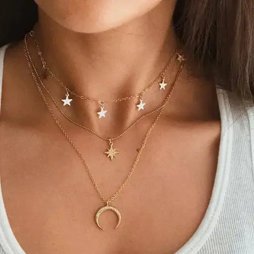 Luxurious Multilayer Alloy Star Moon Pendant Necklace for Women, Silver Color, Hypoallergenic, Nickel-Free, Adjustable, Durable, Perfect Gift Idea 