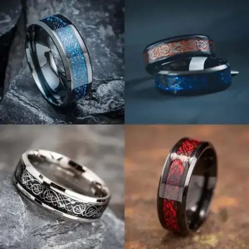 8mm Viking Dragon Pattern Ring for Weddings, Engagements, and Anniversaries, Titanium Steel with Blue Black Celtic Inlay 